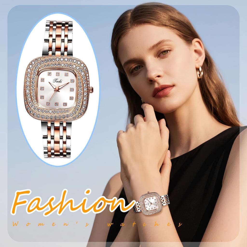 Square Watch for Women with Sparkling Analog Stainless Quartz Fashion Accessories Present Diamonds Display, Waterproof, Cute, Stylish, Steel, Watch,