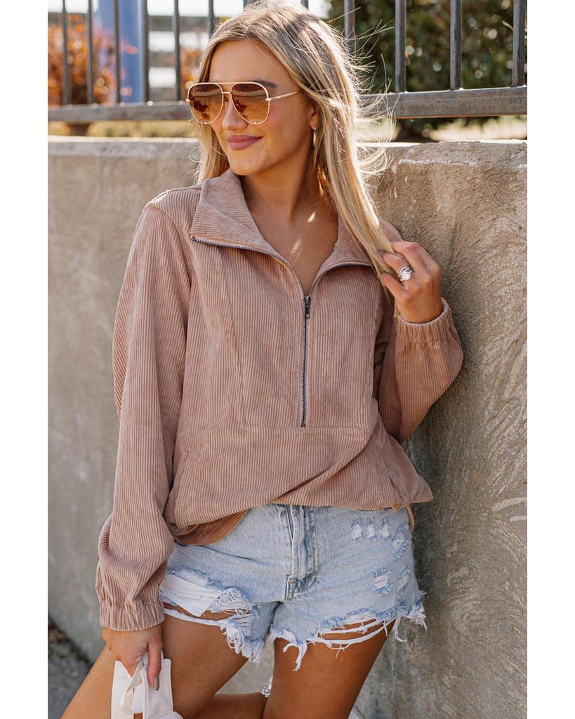 Azura Exchange Half Zip Ribbed Texture Collared Sweatshirt