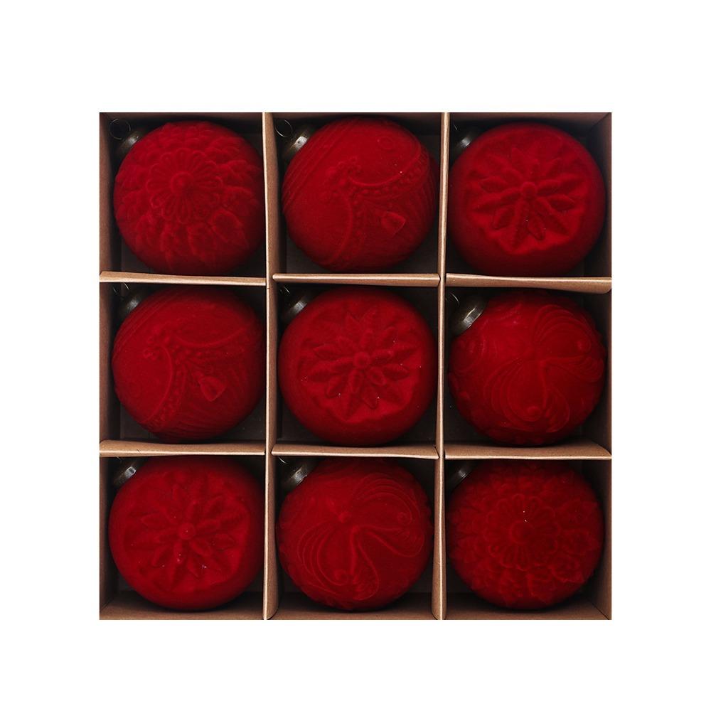 9Pcs Flocking Hanging Christmas Balls Embossed Festive Hanging Decorations Home Mantel Decoration