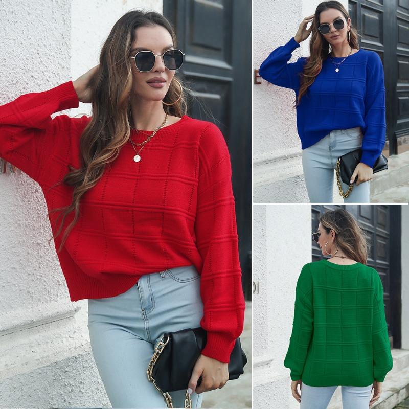 Women Loose Fit Long Sleeve Plaid Knit Sweater Autumn Winter