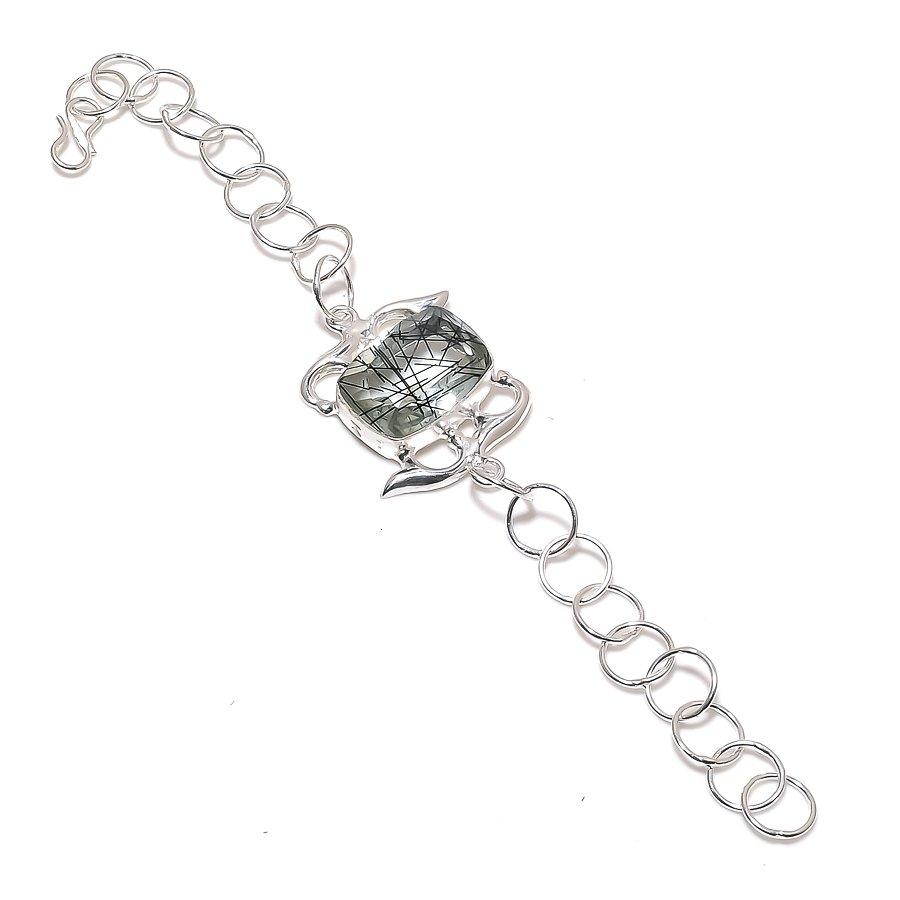 Natural Black Rutile Gemstone Handmade 925 Sterling Silver Bracelet 7-8" ASB-3048