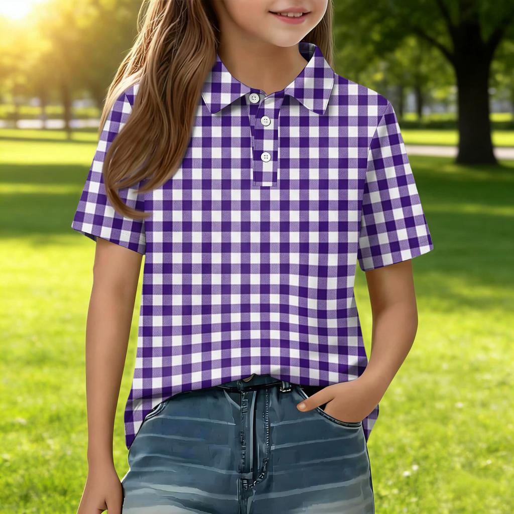 Short Sleeve Plaid Polo Shirt for Girls Classic Pattern Button Front Casual Blouse for Kids Teens