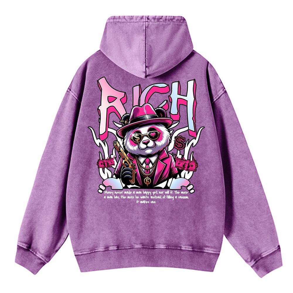 Vintage Womans Acid Wash Hoodies Rich Cartoons Panda Printing Pullovers Pocket Oversize Cotton Hooded Clothes