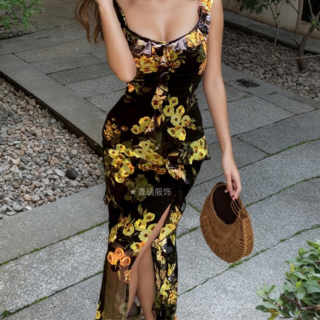 Damen Sommer Neckholder Französisches Netz Druck Ärmelloses Kleid mit Rüschenkante