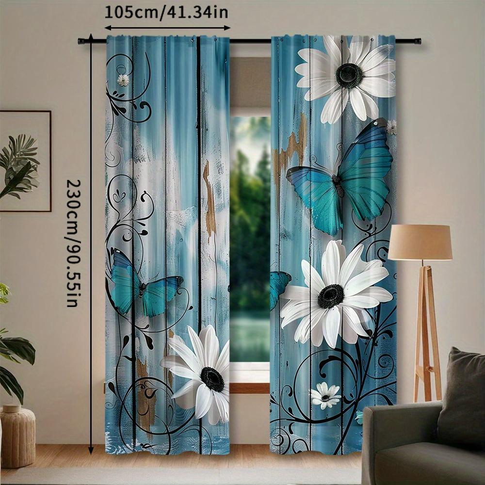 2pcs Rod Pocket Semi-Sheer Curtains - Polyester Pongee Floral and Butterfly Pattern - Modern Roller Embossed Drapes for Bedroom