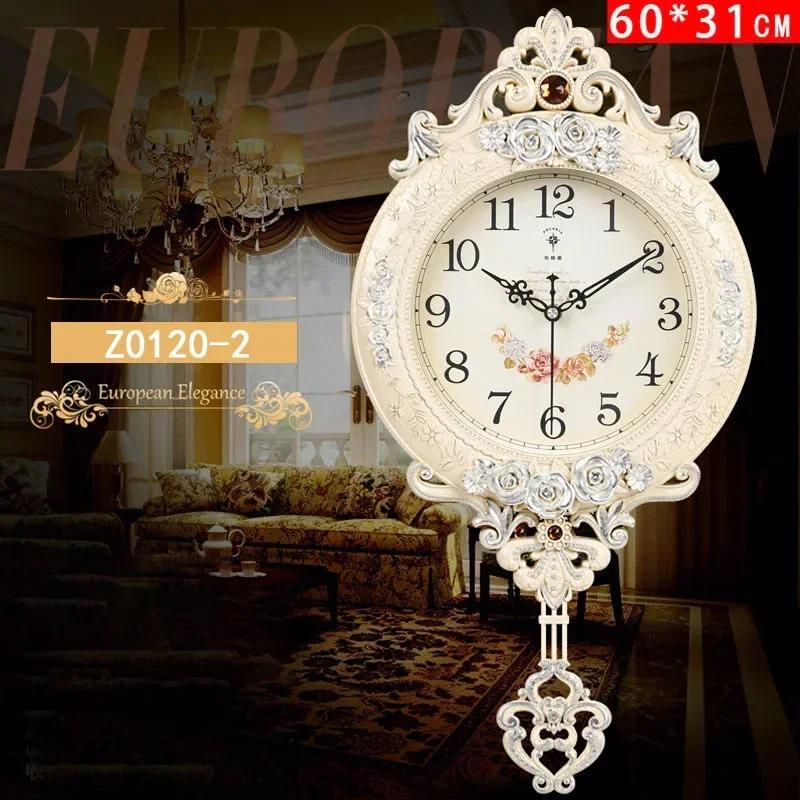 European-style Living Room Decoration Mute Large Wall Clock Wall Sticker Home Decor Bedroom Flower Carving Retro Swing CloI9K3F4