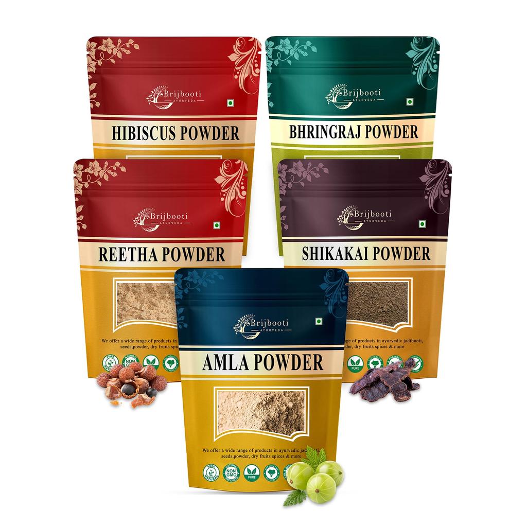 BrijBooti Reetha Amla Shikakai Bhringraj Hibiscus ( Powder ) for Hair 250 Gm (50 Gram Each), Natural