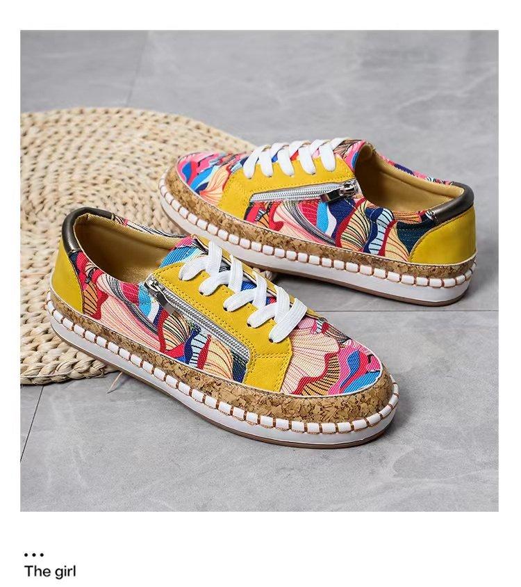 Color Matching Printed Lace-up Flat Single Shoes Women's New Light Mouth Casual Shoes Board Shoes Women's Sports Shoes