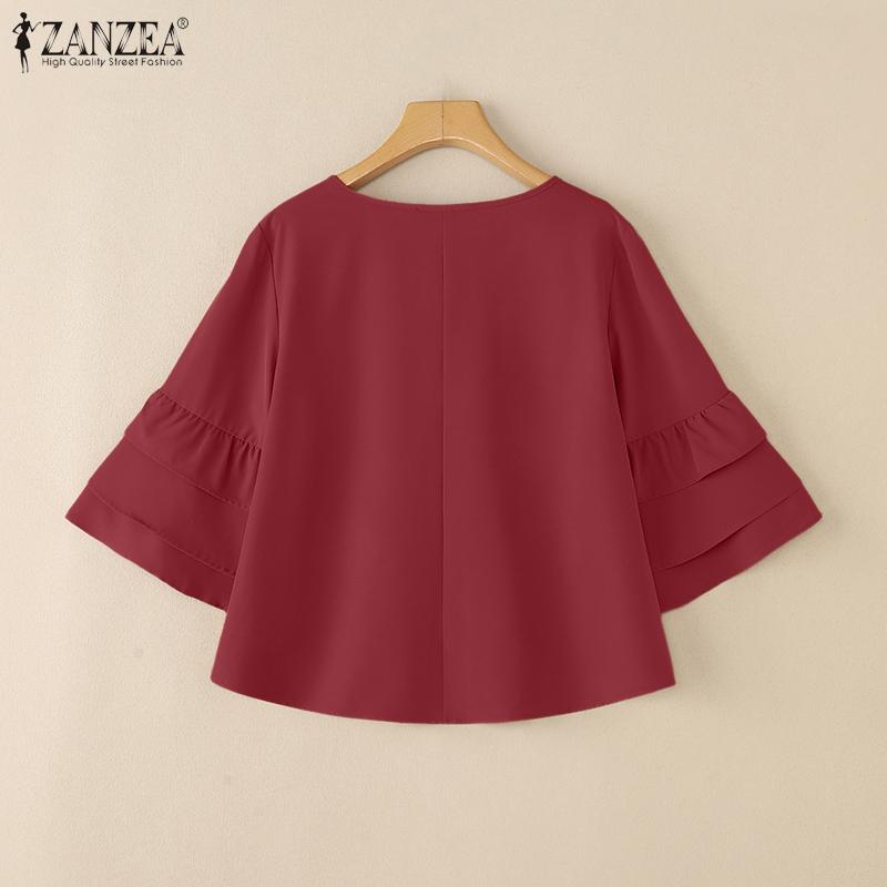 ZANZEA Women Casual Round Neck Solid Color 3/4 Sleeve Loose Blouse