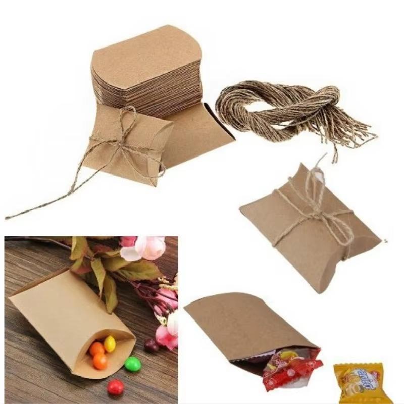 100Pcs Pillow Candy Box Kraft Paper Christmas Gift Packaging Boxes Candy Bags Wedding Favors Birthday Party Decorations