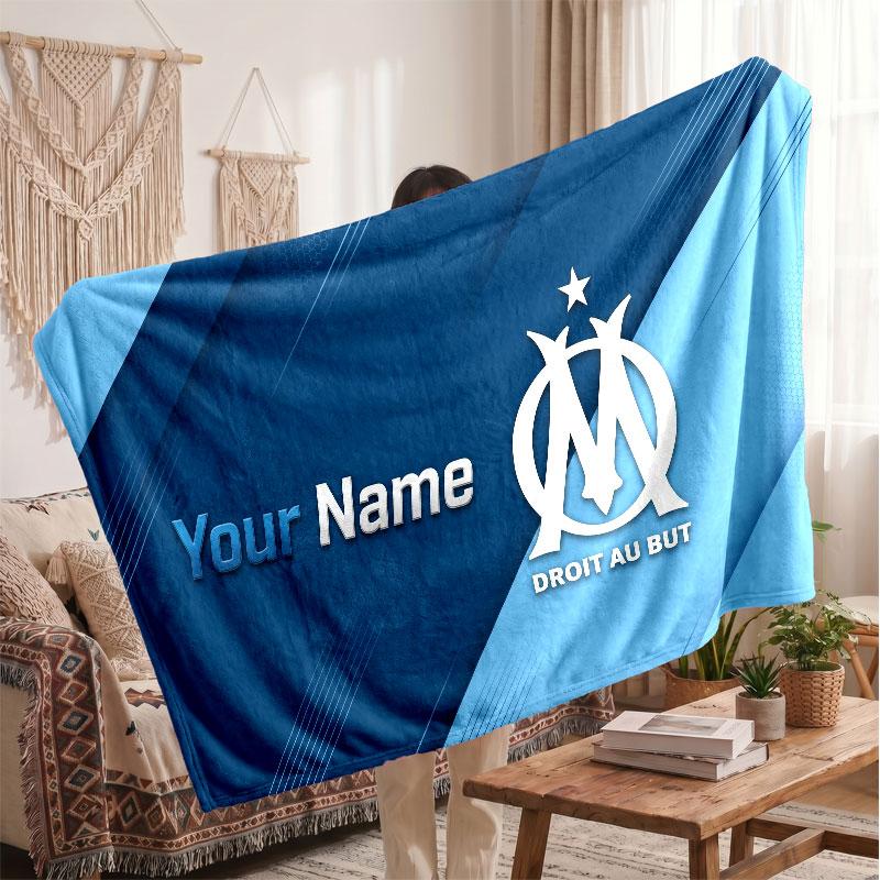 Olympique Marseille FC Personalized Fleece Blanket With Football Logo, Custom Name Text Soft Warm Home Throw Blanket