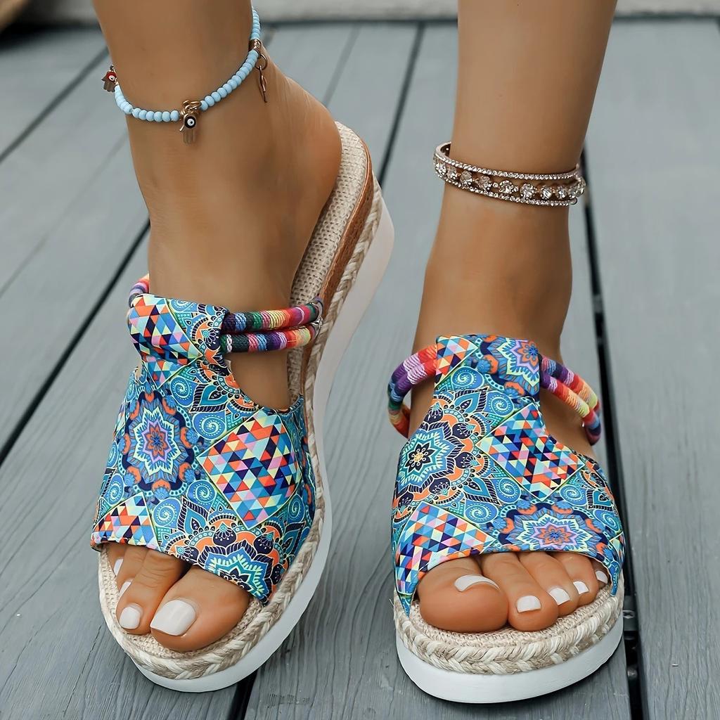 Fashion Summer New Colorful Printed Wedge Heel Slippers for Women, Fashionable Fish-mouth High-heeled Beach Slippers in Bohemia