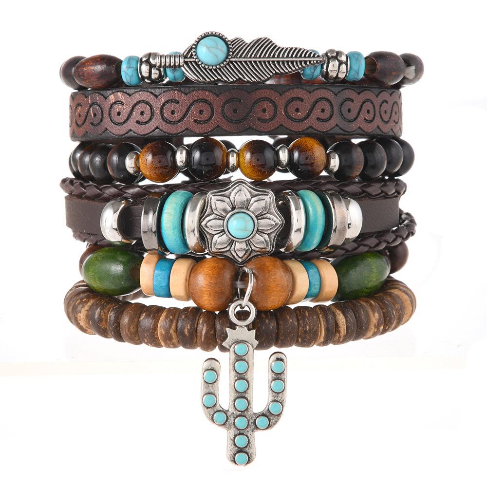 Leather Bracelets for Men Women Handmade Wrap Woven Cuff Bracelets Wooden Beaded Bracelets Vintage Ethnic Tribal Wristbands Bracelet Set Adjustable