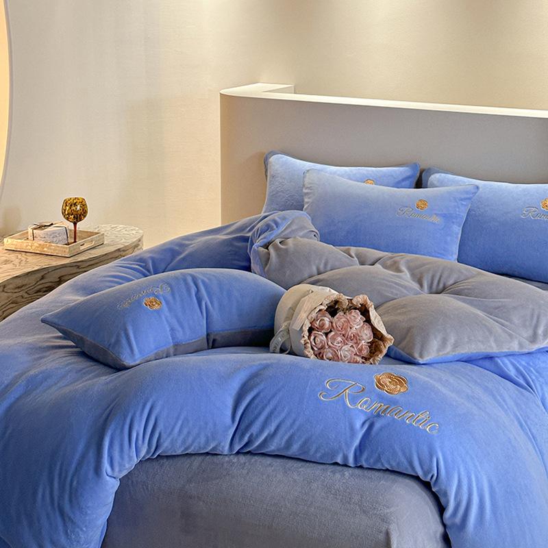 Winter Warm 4pcs Milk Embroidery Home Textile Bed Quilt Set Sheet