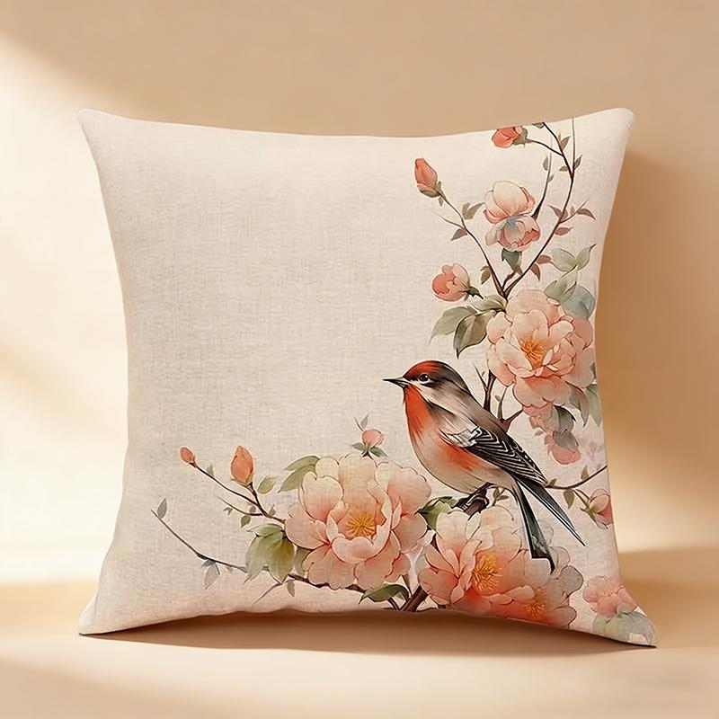 Vintage Oriental Floral Bird Print Cushion Cover Peach Skin Oriental Throw Pillowcase Sofa Living Bedroom Home Decor Pillow Case
