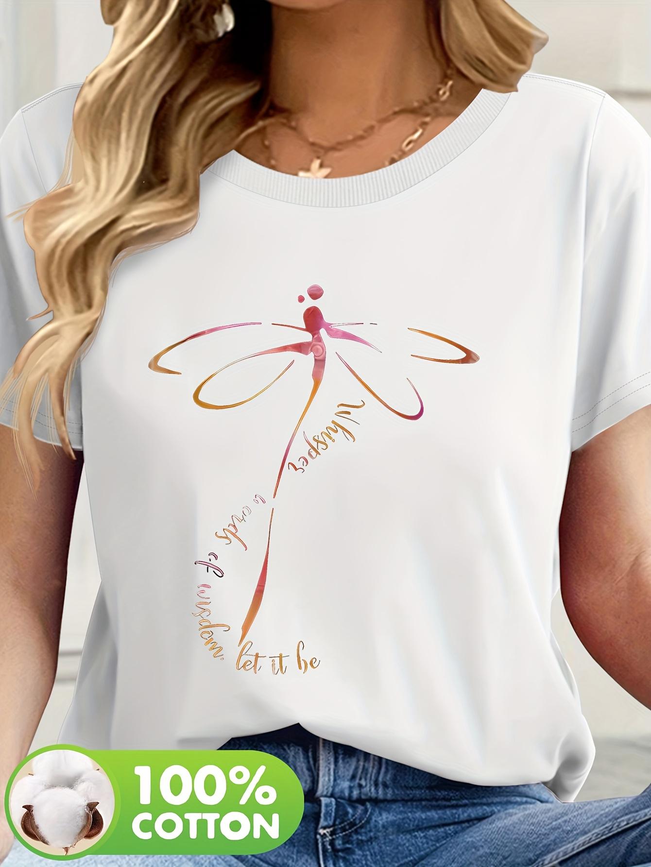 Women;Apos;S Dragonfly Print T-Shirt. Casual Crew Neck Sho S дубильная кора