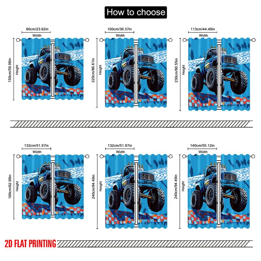 2pcs,2D Plane Printing Popular Curtain Panels Monster Truck Zoom Polyester Fabric (without Rod) Holiday for Bedroom, Living