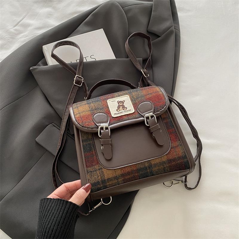 Woolen Plaid Portable Small Bag Women's 2025 New Trendy Fashion College Style Backpack Winter Retro Messenger Bag