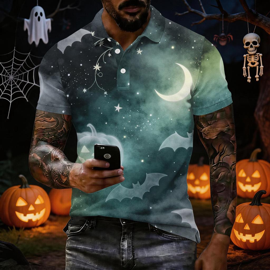 Men's Short Sleeve Halloween Print Shirt for Casual Wear and Halloween Parties