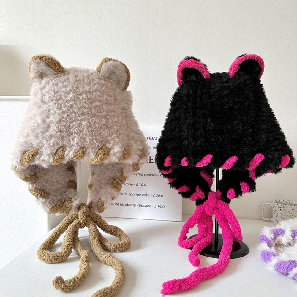 

Шляпа для защиты ушей на шнуровке, шерстяная шапка с медвежьими ушками, модная вязаная шапка для женщин и девочек