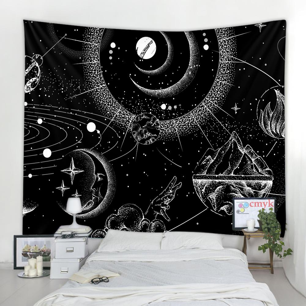 Sun Moon Tapestry Black White Starry Sky Wall Hanging Astrology Divination Matwitchcraft Hippie Mandalas Psychedelic Taiji Decor