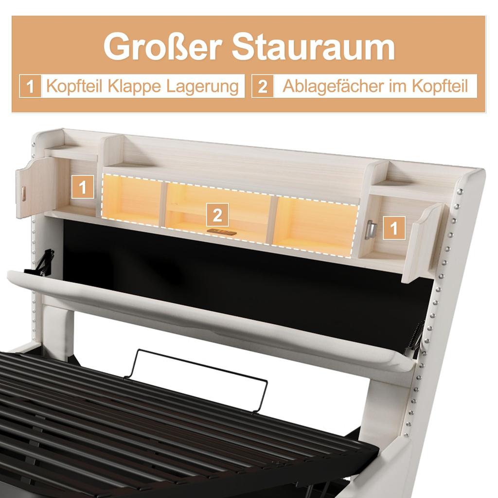 Polsterbett 160x200 Hydraulischer Stauraum, LED-Kopfteil, USB-A&C Ladefunktion, Lattenrost, ferngesteuerte Lichtleiste, Ohne Matratze, Beige