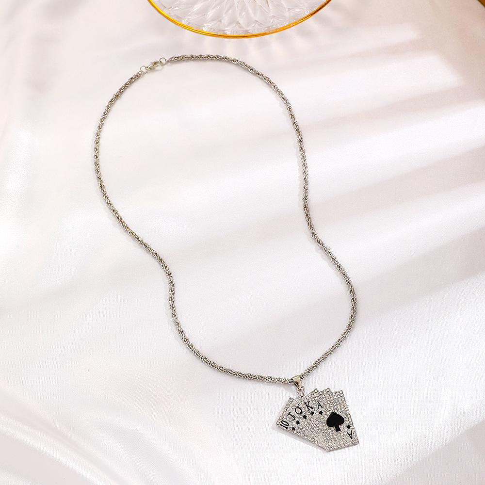 Punk Rhinestone Playing Card Pendant Necklace, Unisex Fashion Jewelry