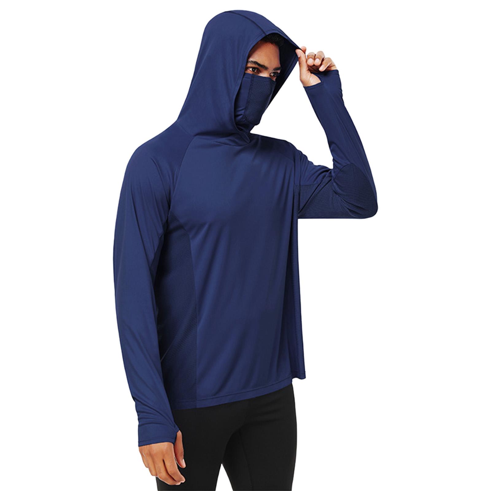 

Men s Summer Hooded Face Cover Clothing With Thumb Holes, Mesh Panel Casual Sports Running Cycling Shirt XL тёмно-синий