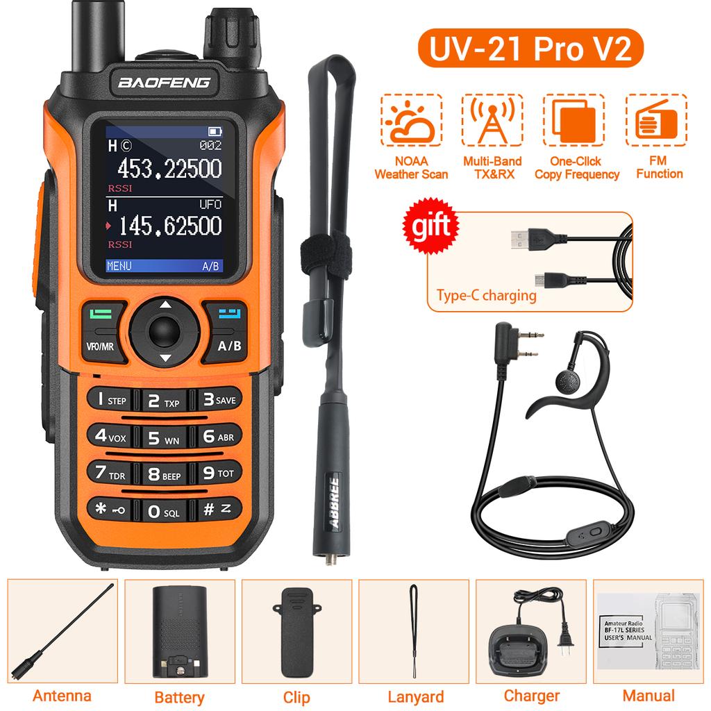 Baofeng UV-21 Pro Walkie Talkie Long Range Air Band Wireless Copy Frequency VHF UHF Type-C Rechargeable Upgrade UV-5R Ham Radio