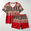 Summer Fashion Bohemian Style Geometry Pattern Printed V- Neck Short Sleeved T-Shirt And Shorts Set Women's and Men's T-shirt Shorts Set