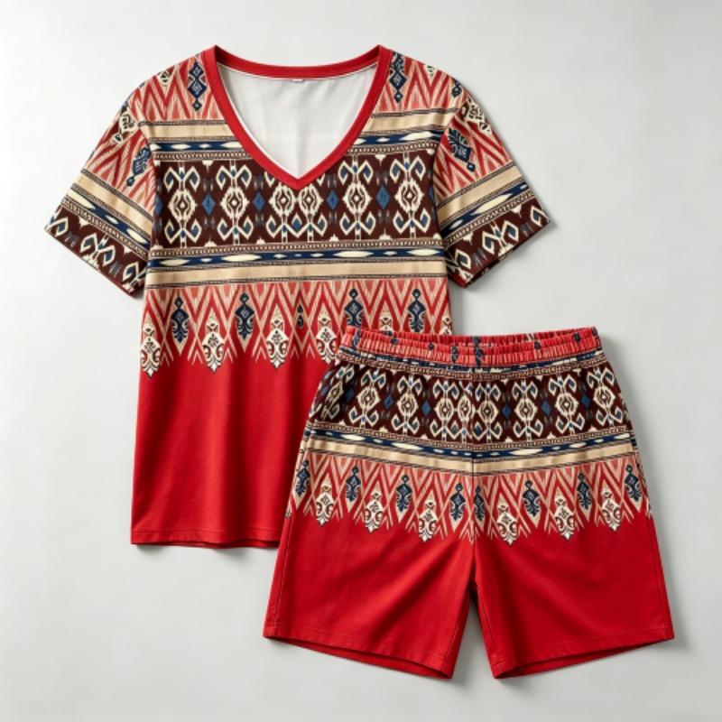 Summer Fashion Bohemian Style Geometry Pattern Printed V- Neck Short Sleeved T-Shirt And Shorts Set Women's and Men's T-shirt Shorts Set