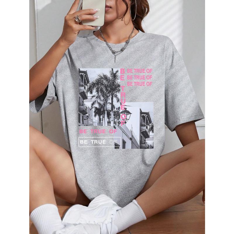 Graphic & Letter Print Crew Neck T-Shirt Women Summer O-Neck T Shirts Cotton Plus Size Short Sleeve Sport Casual Shirt