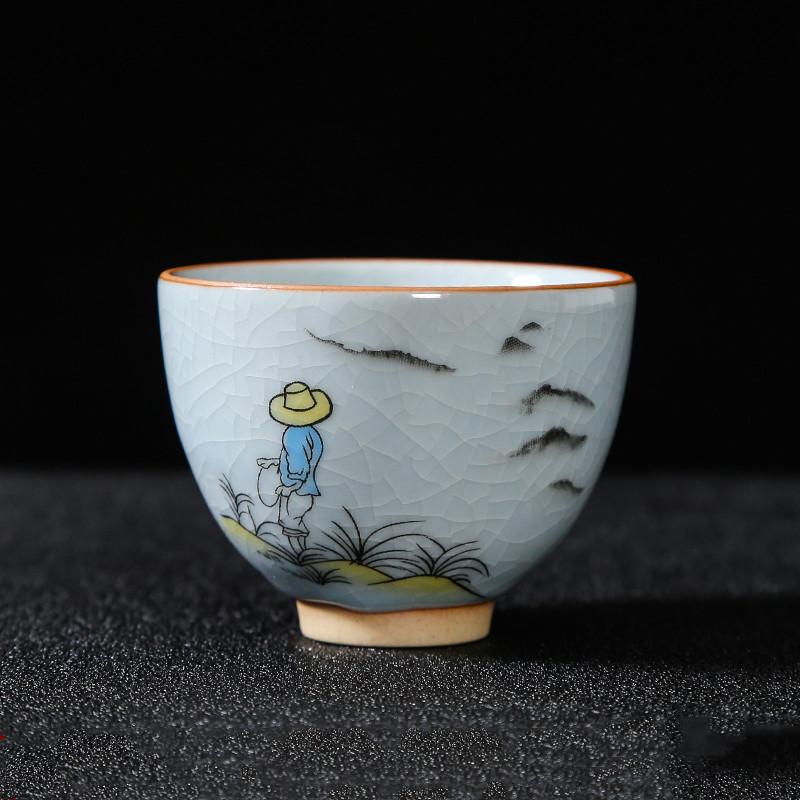 Boutique Ru Kiln Ceramic Teacup Hand Painted Flowers Meditation Cup Travel Tea Bowl Tie Guanyin Pu'er Master Cup Tea set Gifts
