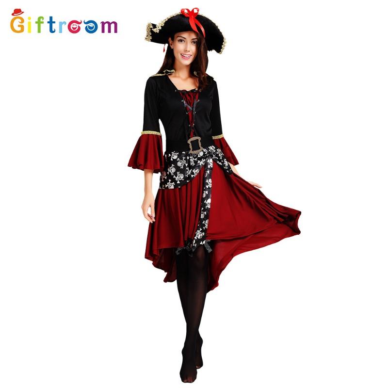 Halloween Maskerade Cosplay Fluch der Karibik Piratenkostüm Weiblich Rotes Kleid Schwarze Weste Pirat