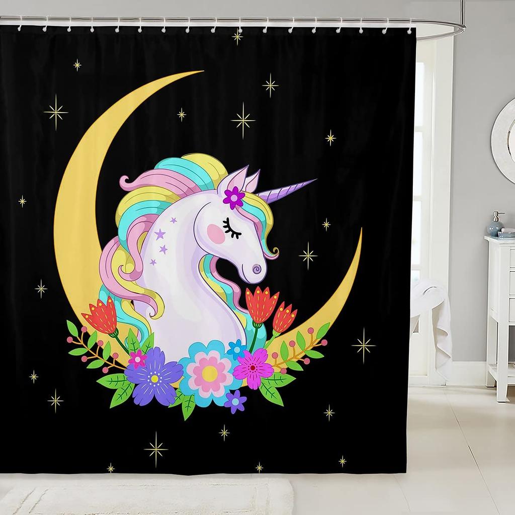 Gradient Purple Shower Curtain, Rainbow Unicorn Bath  Glitter Stars, Waterproof Curtains, Dreaming Cartoon Bathroom Deco
