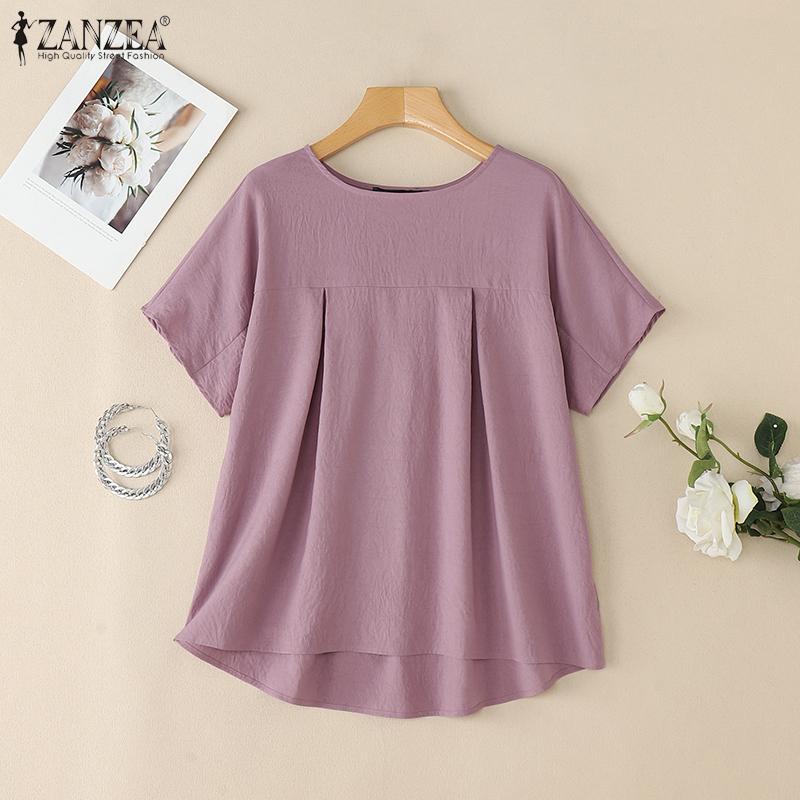 ZANZEA Damen Freizeit Rundhals Einfarbig Kurzarm Bluse
