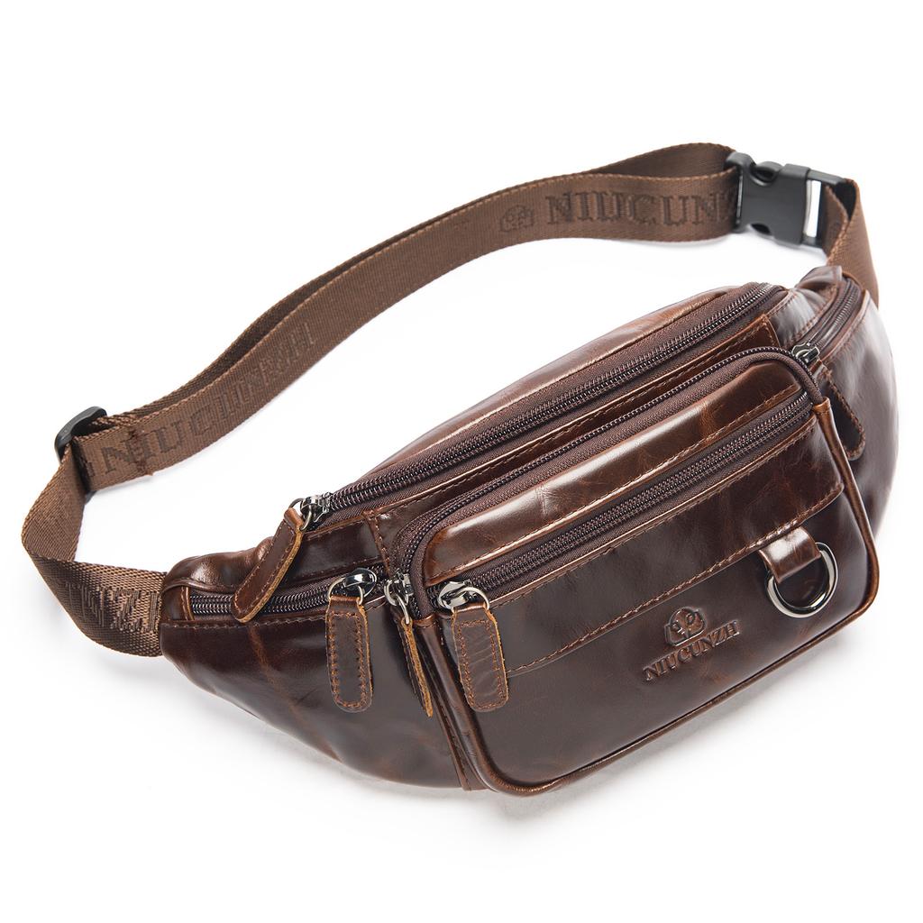 Genuine Leather Fanny Pack Cell Phone Bag Head Layer Cowhide Leather Chest Bag Multifunctional Sports Shoulder Crossbody Bag
