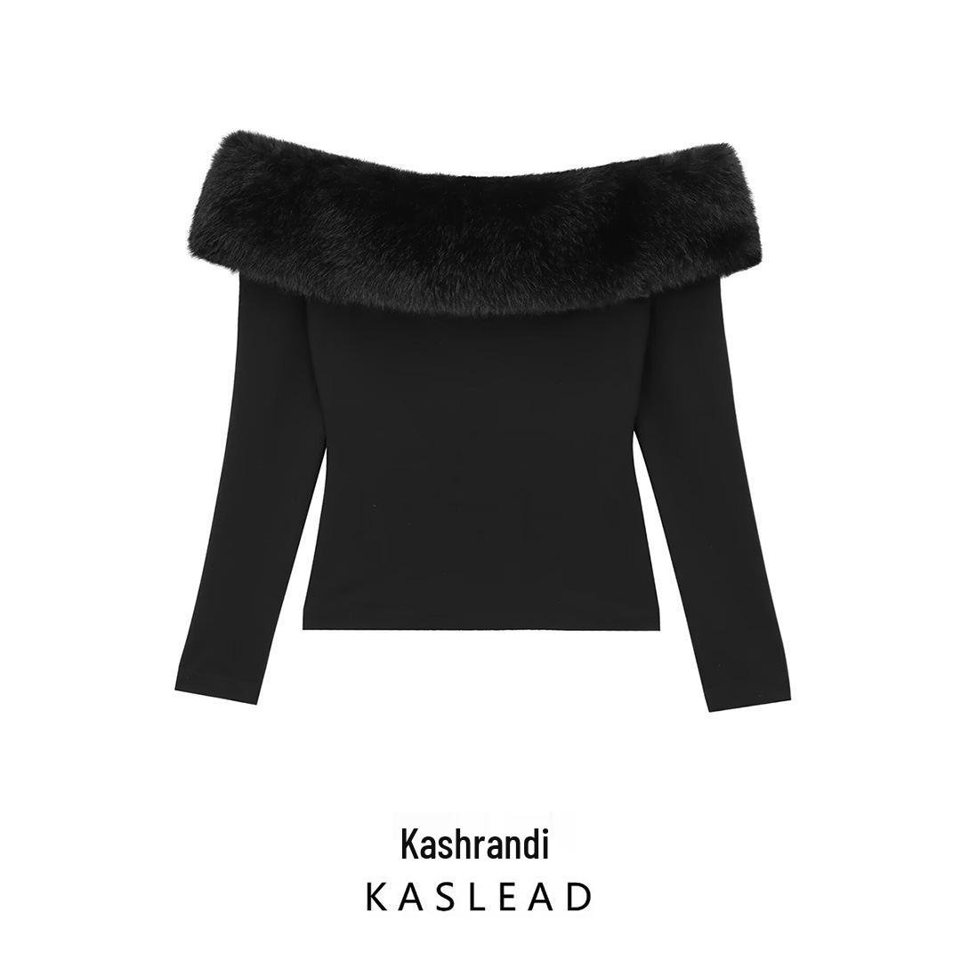 

2024 Winter Women s European & American Style Faux Fur Off-Shoulder Patchwork Top M чорний