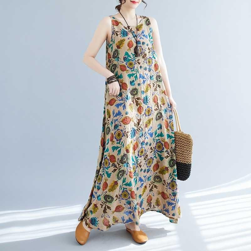 Long Skirt Summer New Sleeveless Round Neck Printed Mid Length Dress