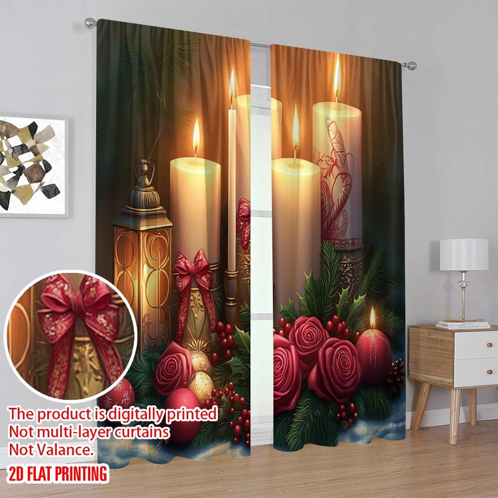 2pcs,2D Plane Printing Contemporary Curtains Christmas Candles Roses Ornaments (4) 100% Polyester (without Rod) Gifts for Living