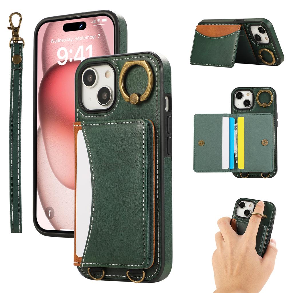 For iPhone 15 PU Leather Back Case Card Holder Kickstand Phone Cover with Wrist Strap