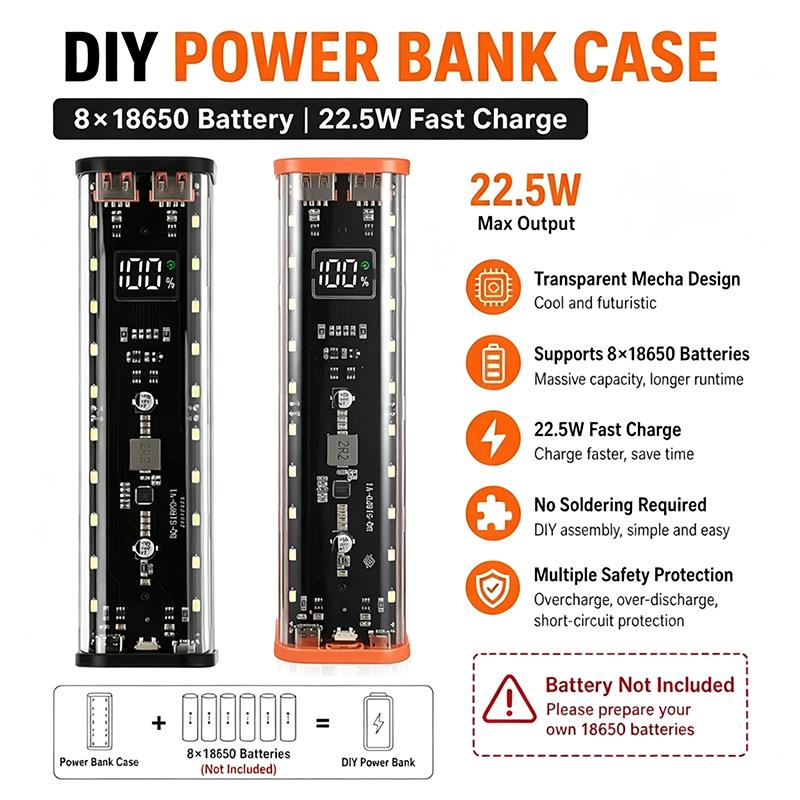 USB Type C Port Design 8X18650 Power Bank Case 22.5W Fast Charging Battery Box For 18650 Battery Storage Power Bank DIY Shell