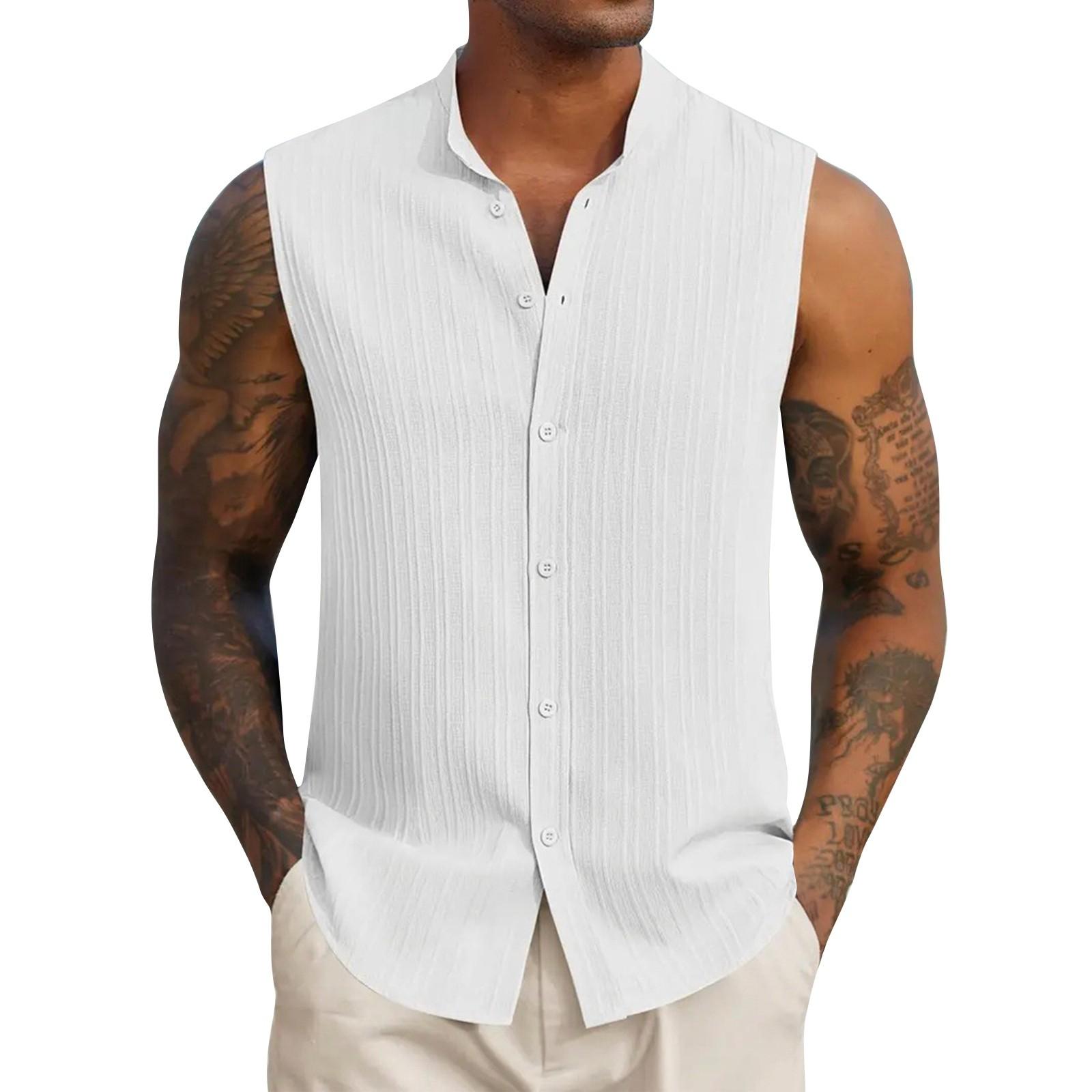 

Мужская летняя однотонная рубашка без рукавов со стойкой воротником, мужская повседневная модная рубашка без рукавов XXL белый