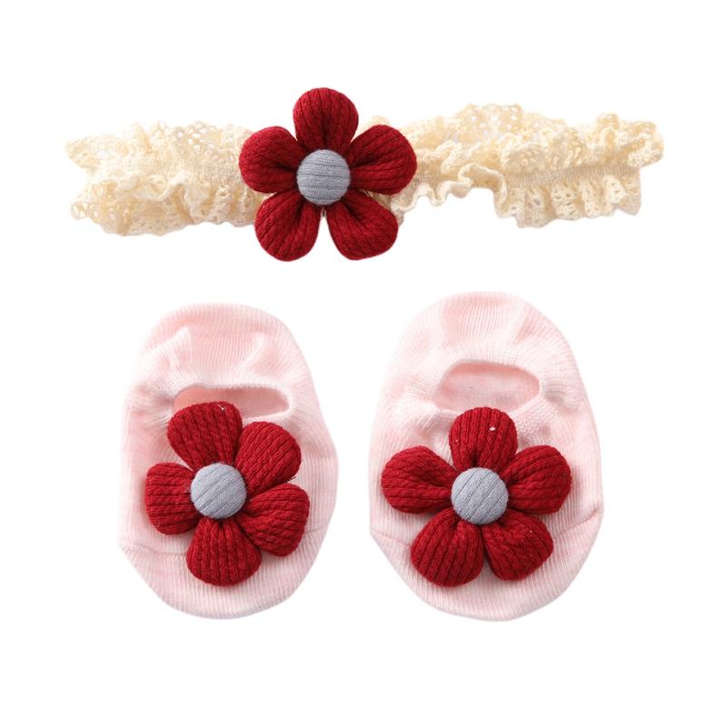 Baby Girl Knitting Flower Cotton Socks Anti-slip Floor Ankle Socks Lace Headband Set Newborn Gift Outfits