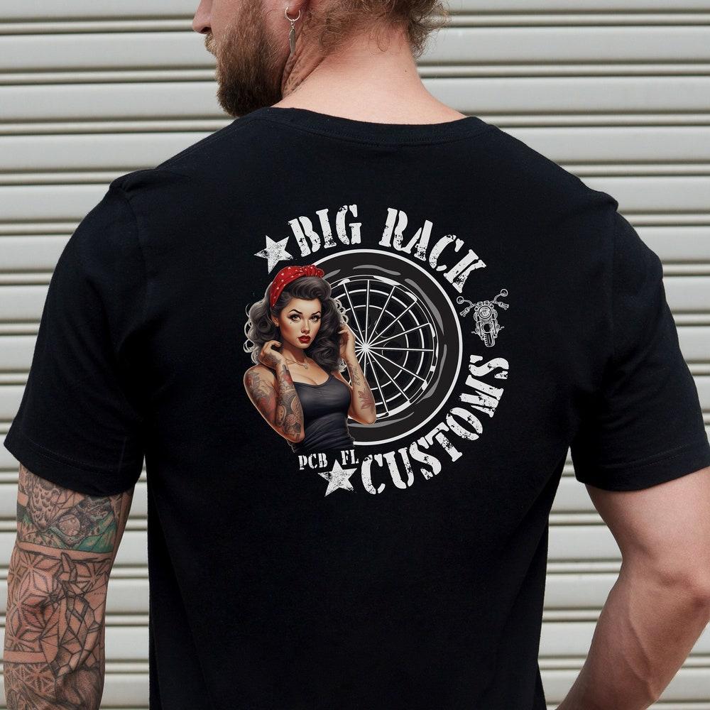 Big Rack Customs T-Shirt, Biketoberfest Shirt, Bike Week, Tattooed Pin-up Girl, Biker Tee, Motorcycle Club, Rider Shirt, PCB, Biker Gift XL
