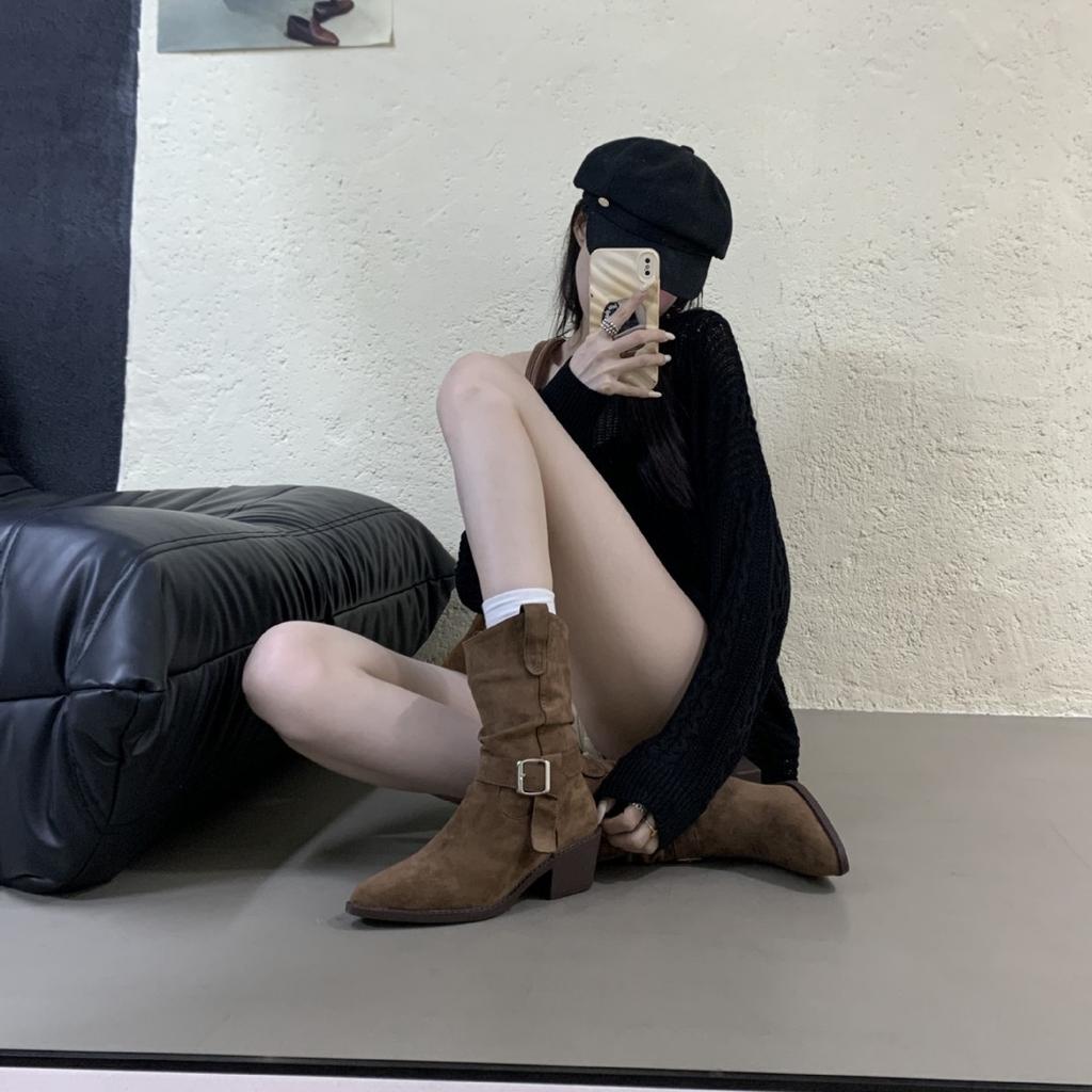 Thick Heel Martin Boots Women's Autumn and Winter Short Boots 2025 New High Heel Boots French Retro Short Boots Pleated Stacking Boots