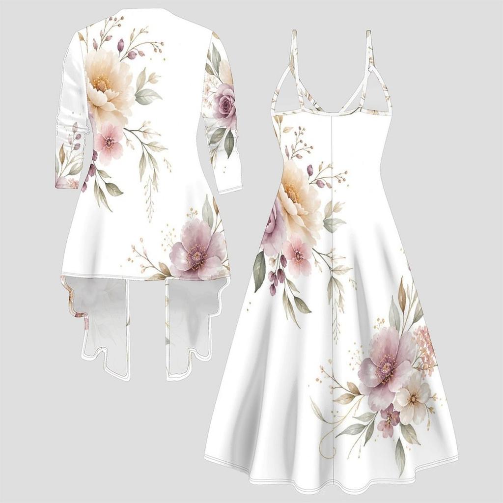 Women Plus Size Two Piece Matching Set Long Sleeve Cover Up Cami Maxi Dress
