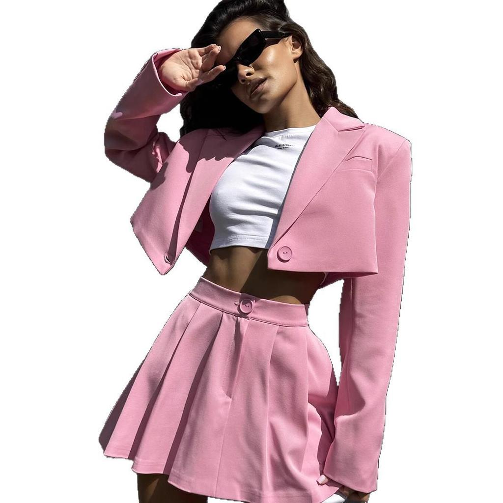 Krótki garnitur spódnicowy w stylu Y2K, europejski i amerykański: Blazer na proste ramiona + Super Mini Spódniczka Wiosna/Lato 2025