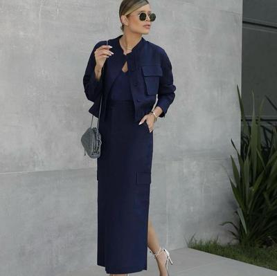 2024 Autumn European & American Solid Color Slim Short Jacket & Casual Long Dress Two-Piece Set for Women