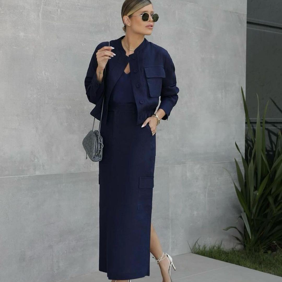 

2024 Осень Европейский и американский однотонный приталенный короткий жакет и повседневное длинное платье комплект из двух предметов для женщин L